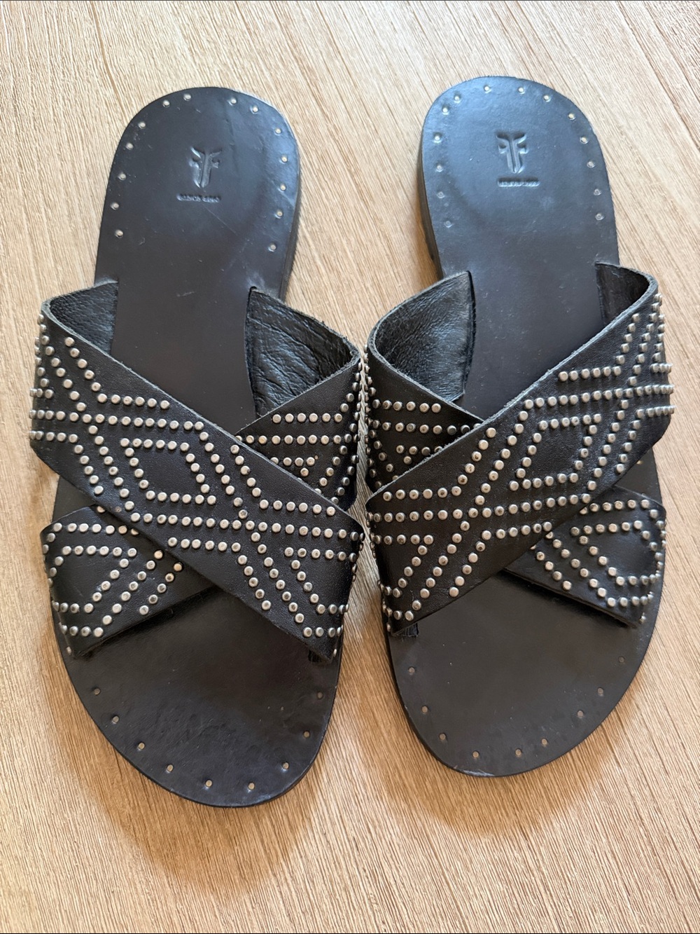 Frye Ally Deco - Studded Black Leather Crisscross Slide Sandals